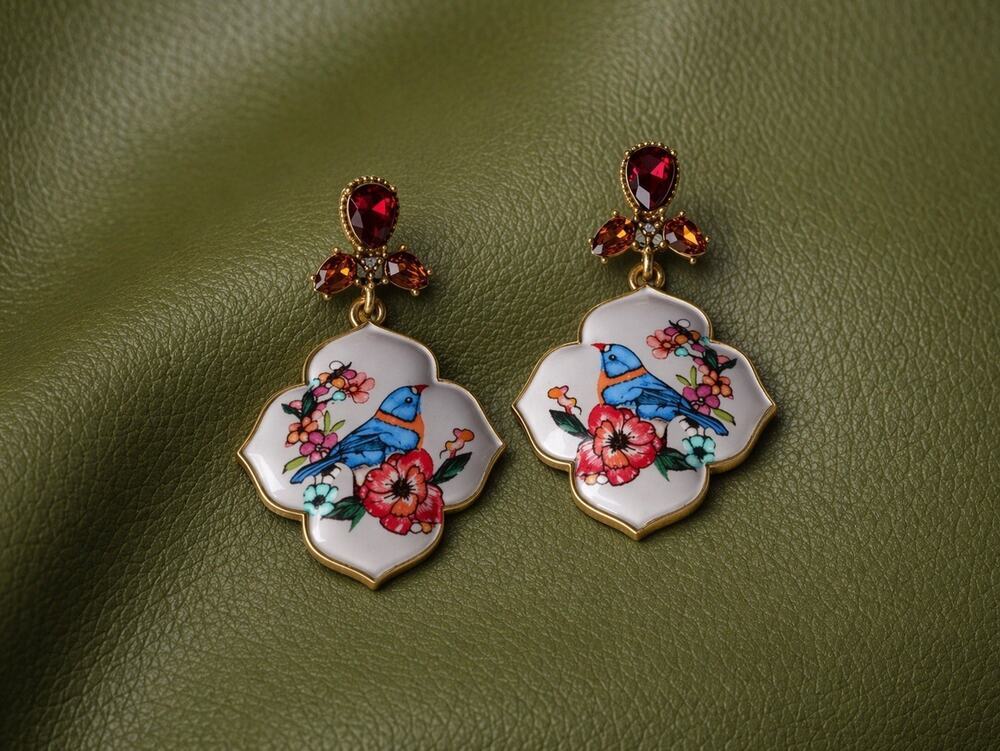 Bird Floral Museum Earrings Quatrefoil Ornate Flower VTG Palace Gold Court CZ